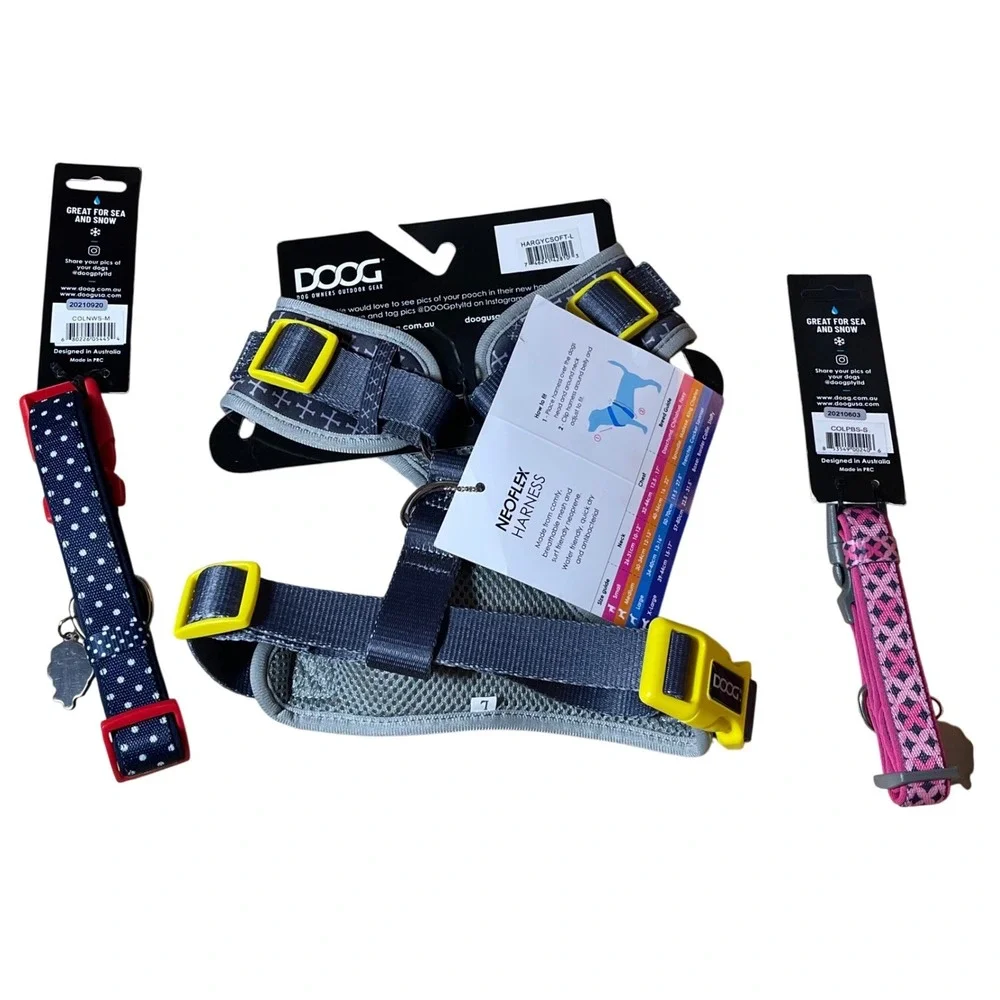DOOG Dog Harness and Collar Bundle Neoflex Grey Cross Polka Dot Pink Set NWT